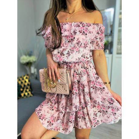 Sukienka w kwiaty hiszpanka z falbankami na ramiona pudrowy róż limonka