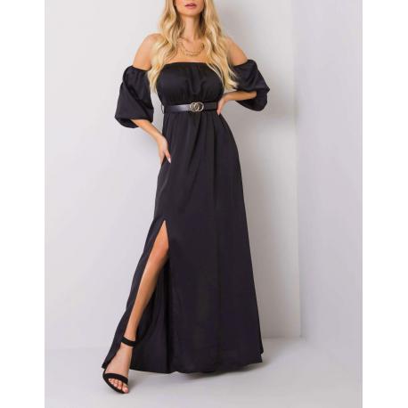 Sukienka maxi satynowa czarna długa z rozcięciem CRISTAL