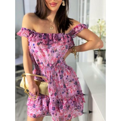 Sukienka hiszpanka w kwiaty fioletowa DEEP