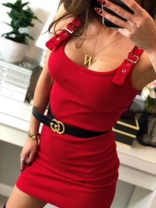 czerwona sukienka mini, z dekoltem oraz klamerkami na rękawach (21) (m)