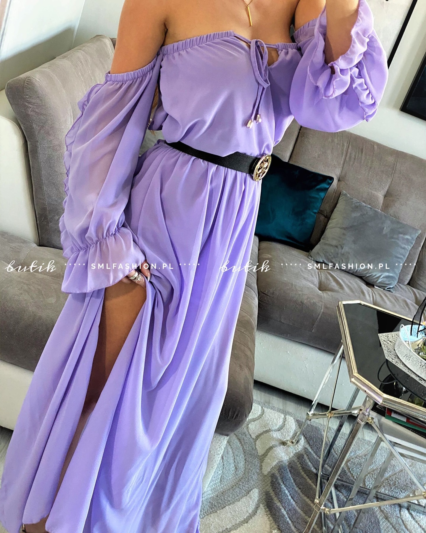 sukienka falbankowa maxi liliowa