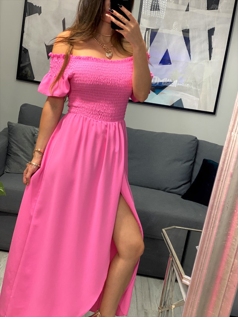 sukienka maxi hiszpanka różowa z rozcięciem