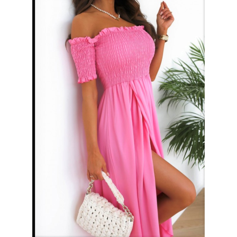 sukienka maxi hiszpanka z rozcięciem różowa