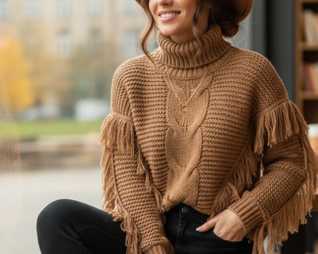 Sweter damski karmelowy z frędzlami – modny i ponadczasowy wybór na chłodniejsze dni