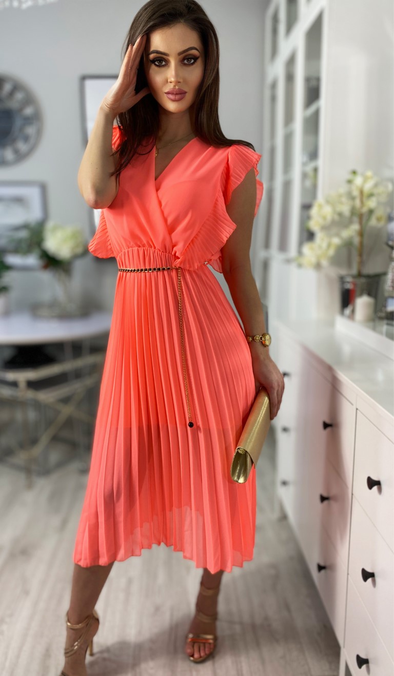 Sukienka neonowa pomarańczowa plisowana kopertowa midi