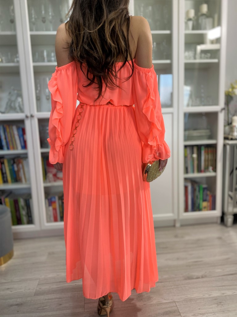 sukienka z falbanami midi neonowy pomarańcz